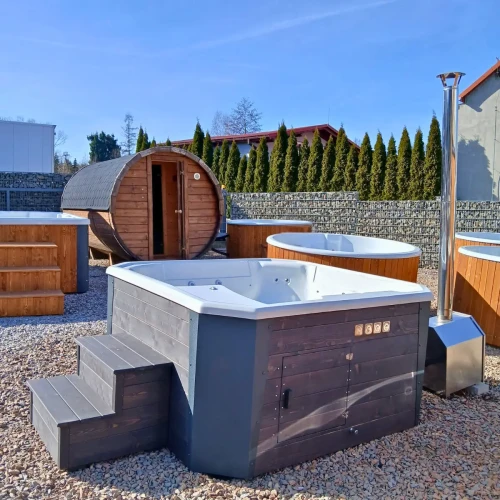 Nowoczesne jacuzzi ogrodowe o wymiarach 193x200 cm z pełnym wyposażeniem