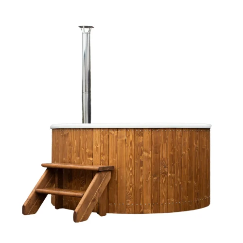 Jacuzzi ogrodowe Ø200 cm z naturalną obudową świerkową — idealne miejsce relaksu w domowym ogrodzie, dostępne w dowolnej konfiguracji
