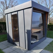 Nowoczesna sauna ogrodowa Bartek 2 x 2,2 m w unikalnej obudowie z blachy i drewna