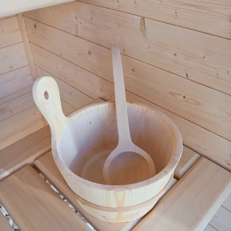 Komplet akcesoriów do saunowania: klepsydra, chochla, ceber i termohigrometr Mokko