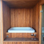 Bezpieczne wejście do sauny: szklane drzwi i drewniane wykończenie