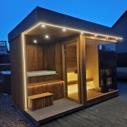 Piec Pahlen 9 kW i system lamp IR w nowoczesnej saunie ogrodowej Mokko